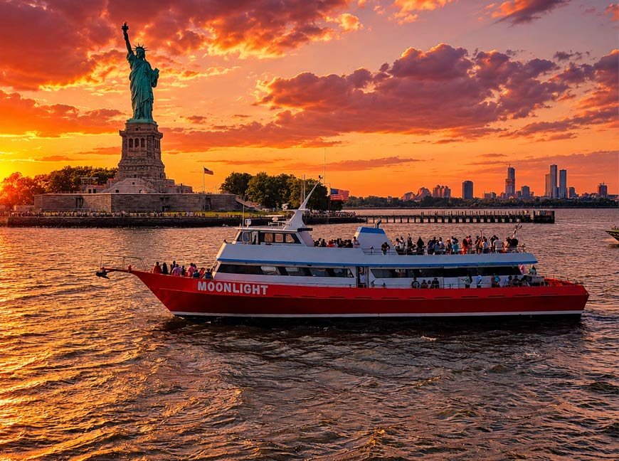 Boat passing the Statue of Liberty at sunset